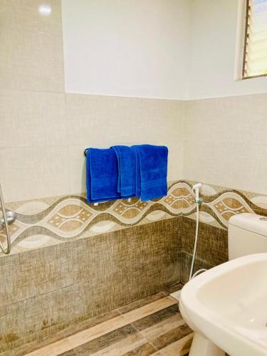 two blue towels on a towel rack in a bathroom at New Verona Hotel in Wennappuwa