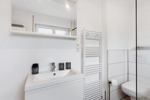 een witte badkamer met een wastafel en een toilet bij Hivent Ferienwohnungen in Bad Dürrheim