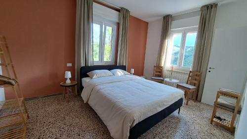 a bedroom with a large bed with orange walls and windows at B&B Valle del Fino in Arsita