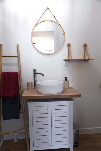 a bathroom with a sink and a mirror on the wall at Confortable studio avec jardin in Saint-Doulchard