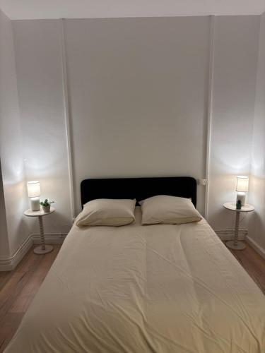een slaapkamer met een bed met twee lampen op twee tafels bij Le Parisien - Cœur de Saint-Brieuc in Saint-Brieuc