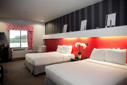 Habitación de hotel con 2 camas y pared roja en Metropolis Resort - Eau Claire en Eau Claire