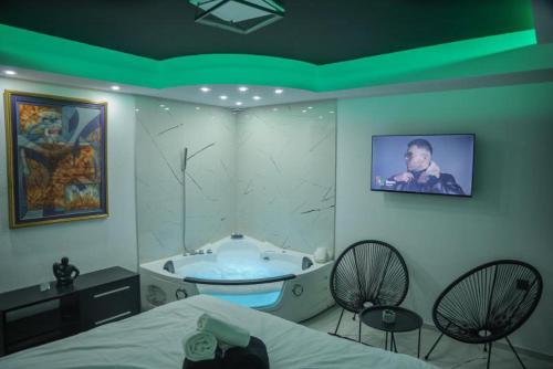 een slaapkamer met een bad en een tv aan de muur bij Tina apartman in Vranje