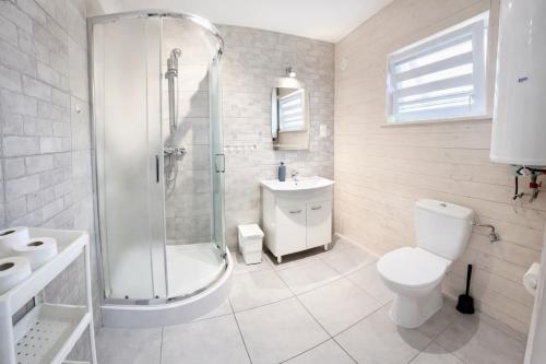 une salle de bains avec douche, toilettes et lavabo dans l'établissement Domeczki Blaneczki Wicie - domki letniskowe nad morzem, à Wicie