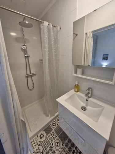 een witte badkamer met douche en wastafel bij Appartement F2 5A in Martres-de-Veyre