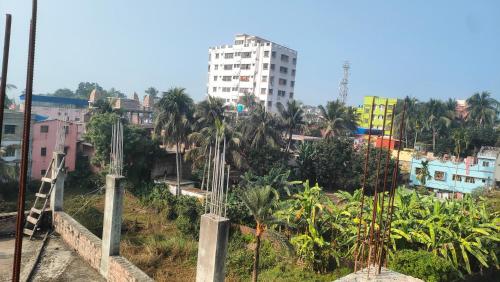 een stad met palmbomen en een hoog wit gebouw bij Laxmi Narasimha hotel in mayapur
