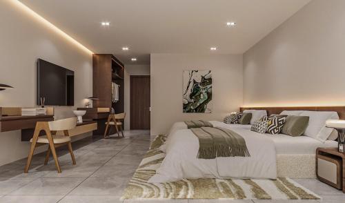 Rivendale في Ban Gaeng Cho: غرفة نوم بها سرير كبير ومكتب