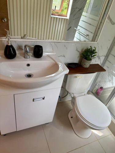 a bathroom with a white sink and a toilet at Home Quillon in Quillón