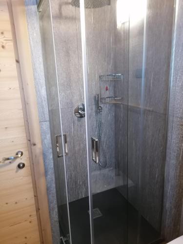 een douchecabine met een glazen douchedeur bij Chalet Noemi in Livigno