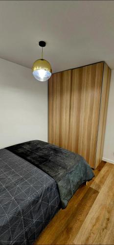 a bedroom with a black bed and a light at Cabedelo Studio Residence in Viana do Castelo