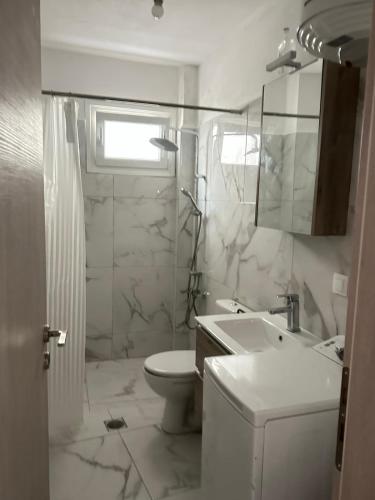 een witte badkamer met een toilet en een wastafel bij Dafni Apartment Kozani in Kozani