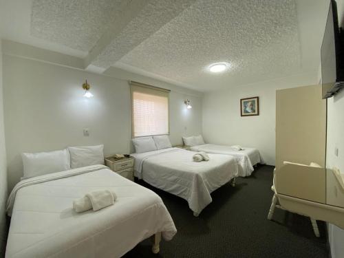 a hotel room with two beds and a window at Hotel San Francisco INN in Arequipa