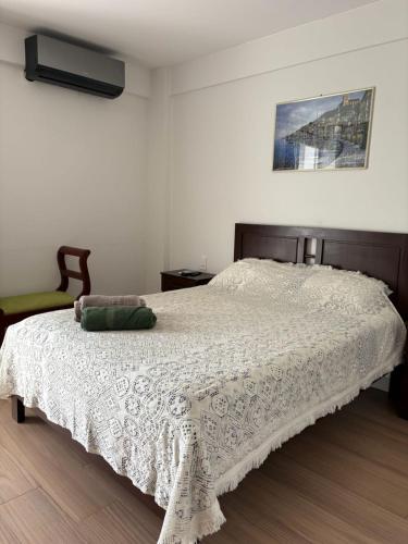 een slaapkamer met een bed met een wit dekbed bij Departamento Cómodo in Tarija