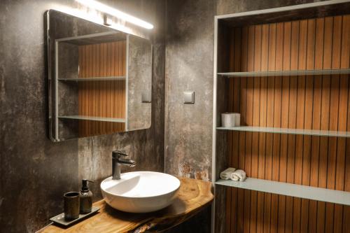 a bathroom with a sink and a mirror at Апартамент 8 in Lovech