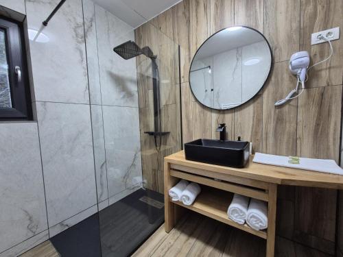 a bathroom with a shower and a sink and a mirror at Gray River Resort in Obarsia-Lotrului