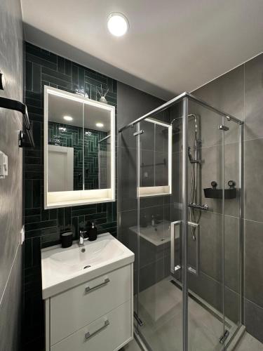 a bathroom with a sink and a glass shower at Panoramic River View I Spacious Modern 2BR Apartment in Riga