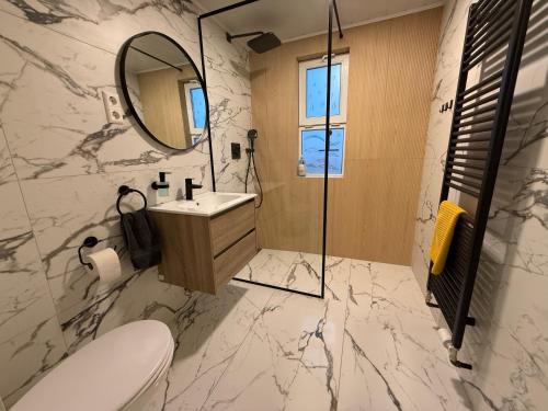 a bathroom with a toilet and a sink and a mirror at Luk House in Gardur