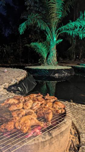 a group of chickens are cooking on a grill at Amazing Mountain Camping, Bar&Grill in Ban Pang Hai