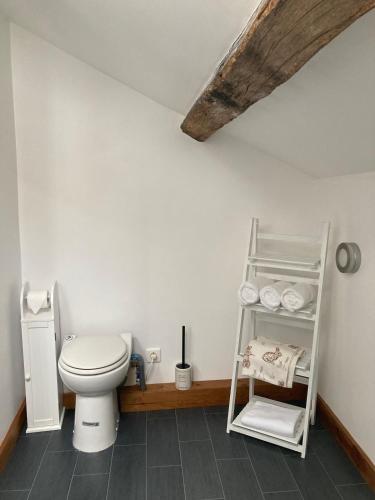 a bathroom with a toilet and a shelf with towels at tillys Cottage in Folles