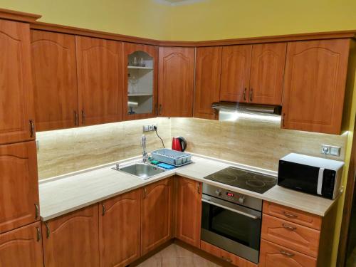 a kitchen with wooden cabinets and a sink and a microwave at Wolkrova city stay in Bratislava