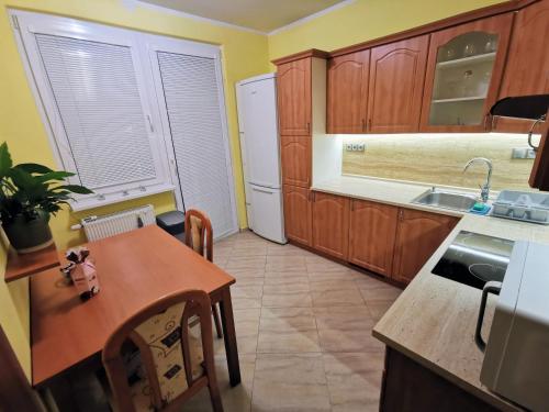 a kitchen with wooden cabinets and a table and a sink at Wolkrova city stay in Bratislava