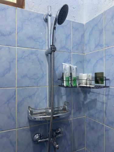 e bagno con piastrelle blu e doccia. di Batukaras beach hill a Batukaras