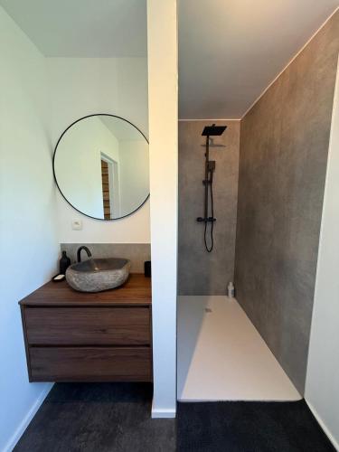 a bathroom with a sink and a mirror at Chalet Woodyoustay in Theux
