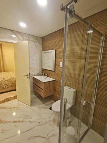 a bathroom with a toilet and a sink and a shower at Refugio do Surf Cortegaça in Cortegaça
