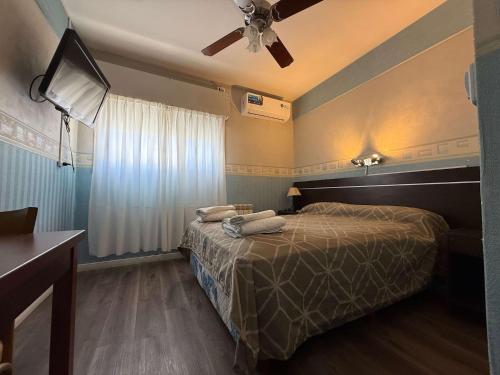 a bedroom with a bed and a ceiling fan at Los Lagos Hotel in Sarmiento