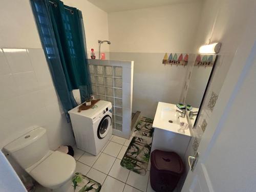 a bathroom with a toilet a sink and a washing machine at Studio La Marguerite - Vue mer avec terrasse privée - calme tropical à Deshaies in Deshaies