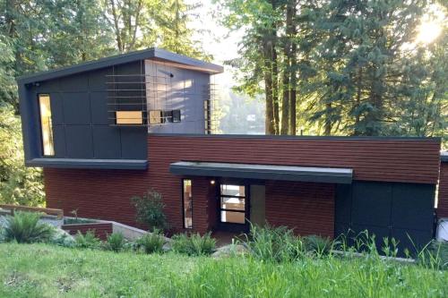 una piccola casa con una facciata nera in un cortile di Silver Lake #83 a Maple Falls