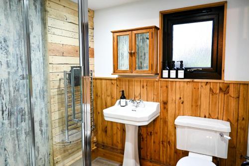 a bathroom with a toilet and a sink and a shower at Eeyore's Place in Hythe