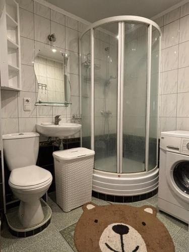 a bathroom with a shower with a teddy bear on the floor at Cietokšņa 64 in Daugavpils