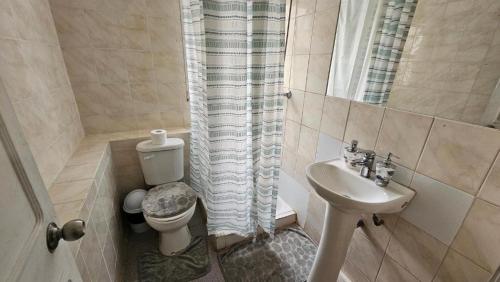 a small bathroom with a toilet and a sink at Turismo Quintamar 5 poniente 431 Viña in Viña del Mar