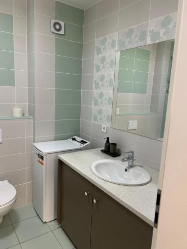 a bathroom with a sink and a toilet and a mirror at Cozy Appartament in Floreşti