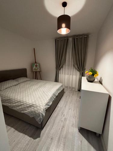 a bedroom with a bed and a table and a window at Cozy Appartament in Floreşti