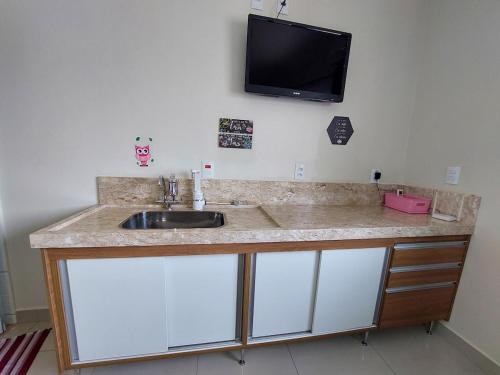 un comptoir de salle de bain avec un lavabo et une télévision fixée au mur dans l'établissement Aconchego Perfeito em São Pedro SP, à São Pedro