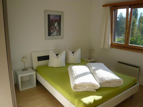 1 dormitorio con 1 cama verde y blanca con 2 almohadas en Chasa Vidos 270 - Familie Scandella en Sent