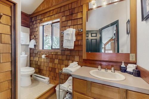 een badkamer met een wastafel, een toilet en een spiegel bij Kendall Place in Snoqualmie Pass