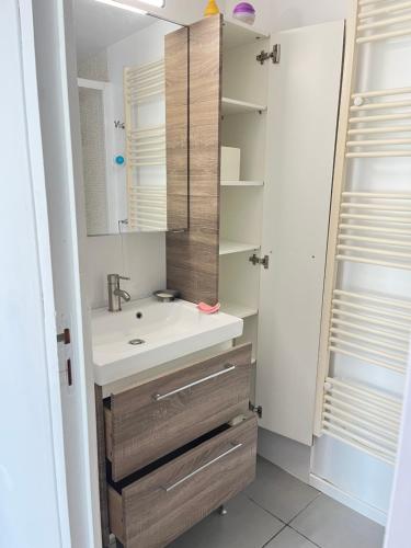 een badkamer met een wastafel en een spiegel bij Villa Josèphe in Capbreton