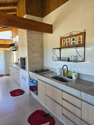 una cucina con un lavello e un piano di lavoro di Casa temporada Grecco Vidal a Venda Nova do Imigrante