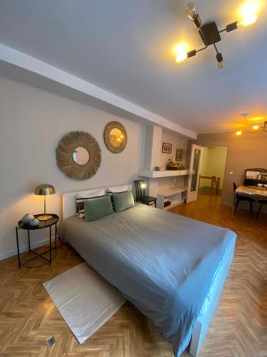 een slaapkamer met een groot bed met een blauwe deken bij Studio central airco et local vélo in Huy