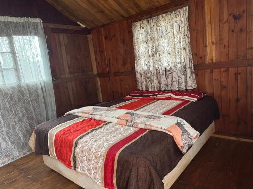 a bedroom with a bed in a wooden room at Sabie Gypsy's Backpackers in Sabie