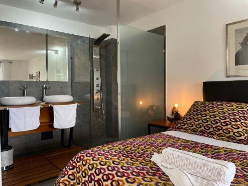 een badkamer met een bed, een douche en een wastafel bij Hotel Casa Azul Jardín in Jardin