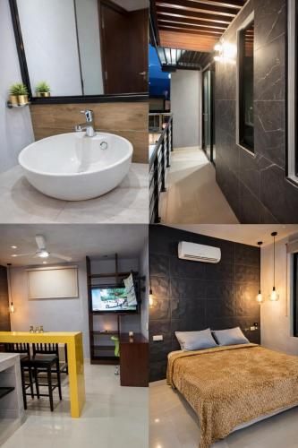 vier verschillende aanzichten van een slaapkamer en een badkamer bij Minimalist City Suite in Chetumal
