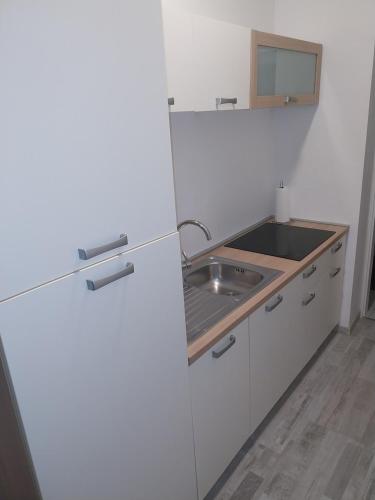 una cucina bianca con un lavello e un bancone di apartmani mikek a Domaslovec