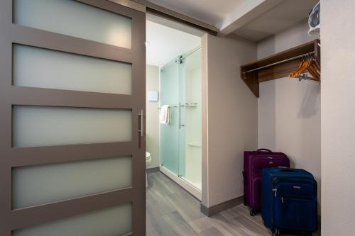 una porta scorrevole che conduce a un bagno con i bagagli di MCM Elegante Hotel a Odessa