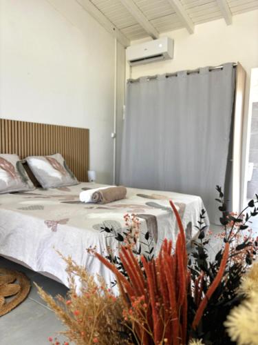 a bedroom with a bed with a gray curtain at D O M A I N E - D E - L' A N S E - P I S T O L E T - Proche Grande Vigie, Vue Unique in Anse-Bertrand