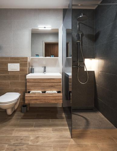 a bathroom with a shower and a sink and a toilet at Podlipnik Apartments in Kranjska Gora