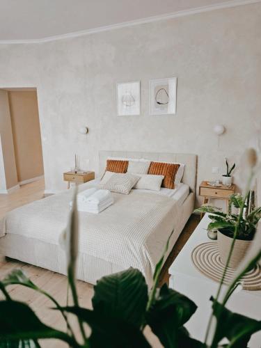 a bedroom with a white bed and a potted plant at Apartamenty Paryskie Old Town View in Toruń